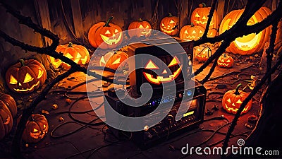 A Tv Sitting On Top Of A Radio Surrounded By Carved Pumpkins. Generative AI Stock Photo