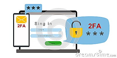 The concept of two-factor authentication security. Notification of login confirmation with a message in an envelope with a code. Cartoon Illustration