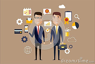 Two men in formal classical suits surrounded with business icons. Successful partnership, career theme. Corporate flat Vector Illustration