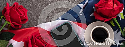 Concept of Independence day or Memorial day with smart phone and coffee. Flag over dark gray table background Stock Photo