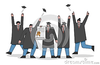 Concept Of University Courses And Graduation. Students Celebrate The End Of Academy Training Vector Illustration
