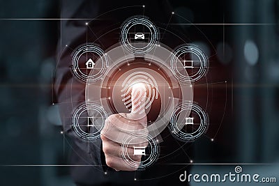 Unlocking with fingerprint devices and bank accounts Stock Photo