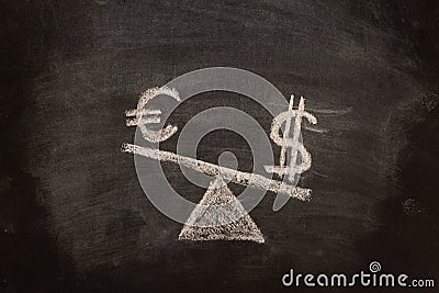 Concept of US dollar and euro oscillation, chalk drawing on blackboard. Stock Photo