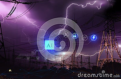 The concept of using artificial intelligence to protect high-voltage power substations during thunderstorms and lightning strikes Stock Photo