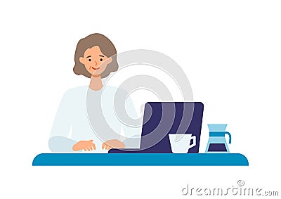 Concept for using computer. woman checking internet by PC Vector Illustration