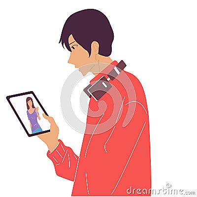 The concept of using a mobile phone or graphics tablet. People communicate via video call or write messagesvektor Stock Photo