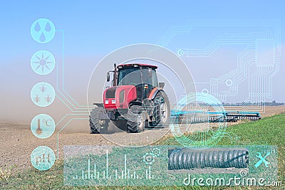 The concept of using modern technologies and artificial intelligence in agriculture when processing the soil with a tractor before Stock Photo