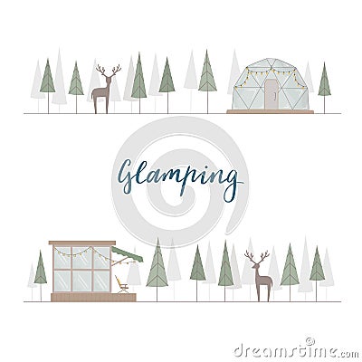 Concept vector forest with wild deer, glamping house. Wood, glass cottage, bubble for convenient contryside life. Vector Illustration