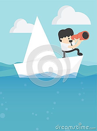 Concept vector illustration, Business leadership and goal concept Businessman stands in yacht looking through spyglass Vector Illustration