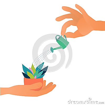 Concept vector illustration, human hand with small watering can is watering green plants in a pot Cartoon Illustration