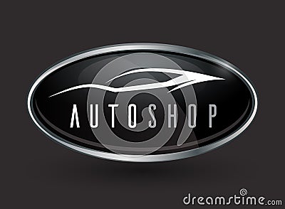 Concept vehicle logo of chrome badge with sports car silhouette Vector Illustration