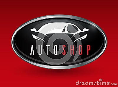Concept vehicle logo of chrome badge with sports car silhouette Vector Illustration