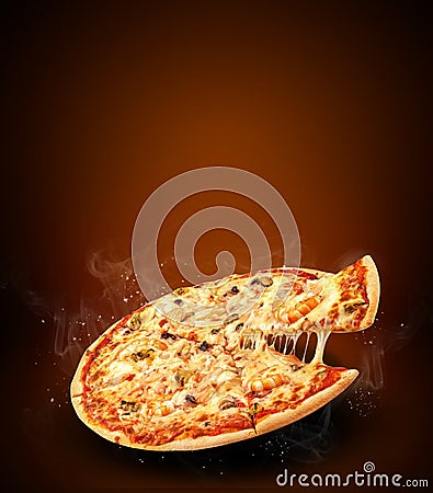 Concept promotional flyer and poster for pizzeria menu with delicious taste seafood pizza, mozzarella cheese and copy space Stock Photo