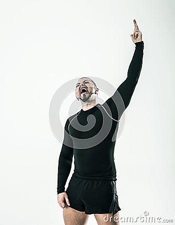 Concept of victory in sports-happy bodybuilder rejoice their vic Stock Photo