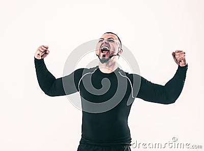 Concept of victory in sports-happy bodybuilder rejoice their vic Stock Photo