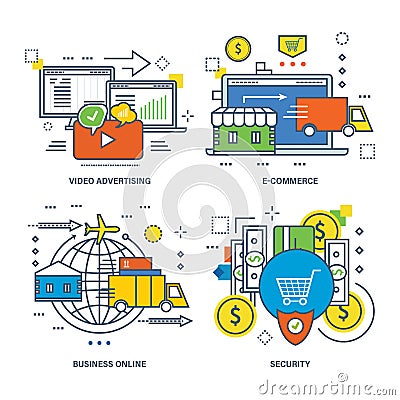 Concept of video advertising, e-commerce, business online, security. Vector Illustration