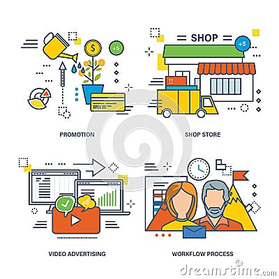 Concept of video advertising, e-commerce, promotion, workflow process. Vector Illustration