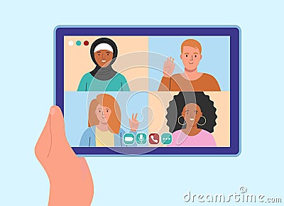 Concept of video conference. A man speaking with many people online at home.Video chat with friends and family. Flat vector Vector Illustration