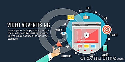 Online video, advertising, video promotion, digital marketing concept. Flat design banner. Vector Illustration