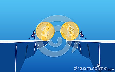 Concept of virtual business digital Bitcoin cryptocurrency. Business people holds golden Bitcoin and dollar coin to exchange Vector Illustration