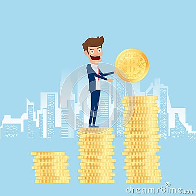 Concept of virtual business digital crypto mining bitcoins. Businessman holds golden bitcoins and putting in the pile. Vector Illustration