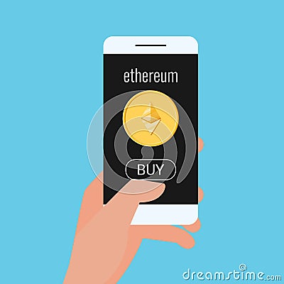 Concept of virtual business digital Ethereum cryptocurrency. Hand holds smartphone with Ethereum cryptocurrency and BUY button Vector Illustration