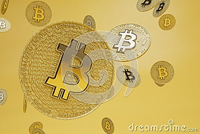 the concept of virtual money. abstract background consisting of bitcoin patterns on a yellow background. 3D render Stock Photo