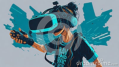 concept of virtual reality technology, graphic of a teenage gamer wearing VR head-mounted playing game Stock Photo