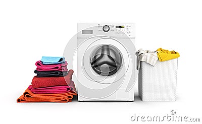 Concept of washing clothes Washing machine with colored towels and washing basket with dirty clothes isolated on white background Stock Photo