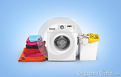 Concept of washing clothes Washing machine with colored towels and washing basket with dirty clothes isolated on blue gradient Stock Photo