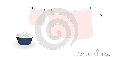 Concept of washing and drying: washed cute soft pink bed sheet and pillowcase with butterfly.Linen hanging on clothesline and Vector Illustration