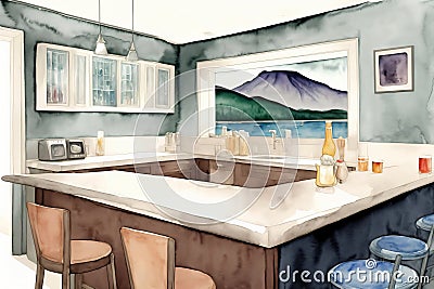 A Watercolor Painting Of A Kitchen With Bar Stools. Generative AI Stock Photo