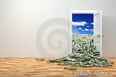 Concept of wealth. Opening door and heap dollar. Stock Photo