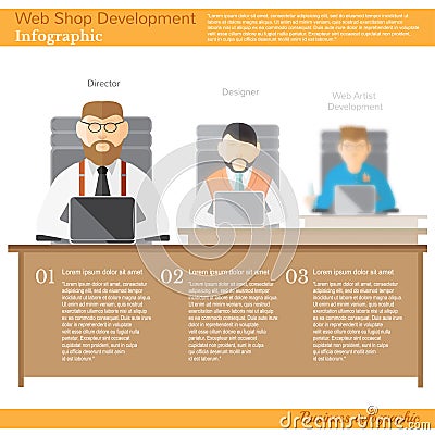 Concept web development company with web artist designer director with laptops on their places.Office workprocess Vector Illustration