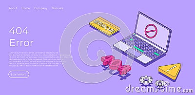 Concept of web page connection error. Landing page design with laptop, danger sign, web server, work gear and 404 text number. Cartoon Illustration