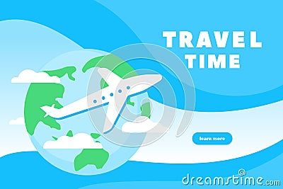 Concept web page design time to travel. Planet plane and clouds Vector Illustration