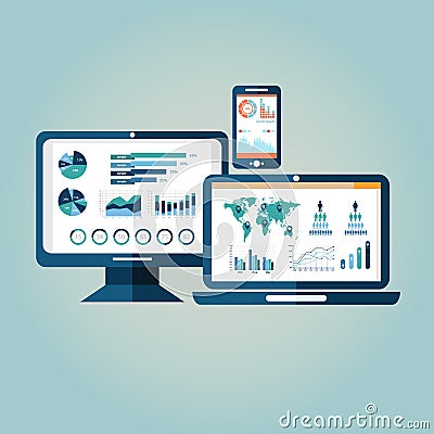 Concept of website analytics search information and computing data analysis using modern el Vector Illustration