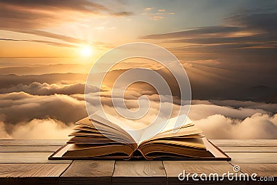 Wide banner of old vintage library stack of antique books on old wooden table in fantasy medieval period with copyspace. Generativ Stock Photo