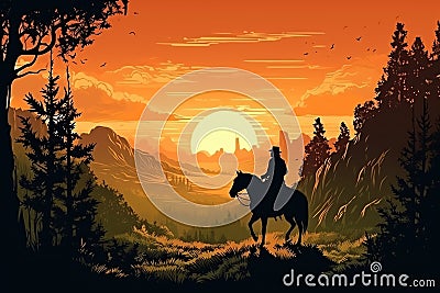 Wild west poster, cowboy riding into the sunset with his horse, wild west landscape. Generative AI Stock Photo