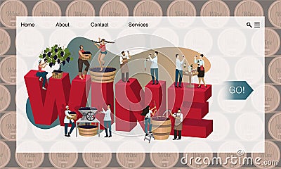 Concept of winery website, landing page. Banner with tiny people making and tasting wine. Vino at different stages of production Vector Illustration