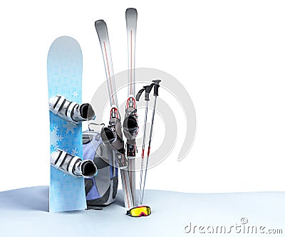 Concept of winter tourism snowboarding and skiing in the snow 3d render on white Stock Photo