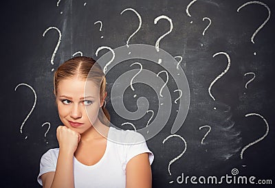 Concept of woman and question mark on blackboard Stock Photo