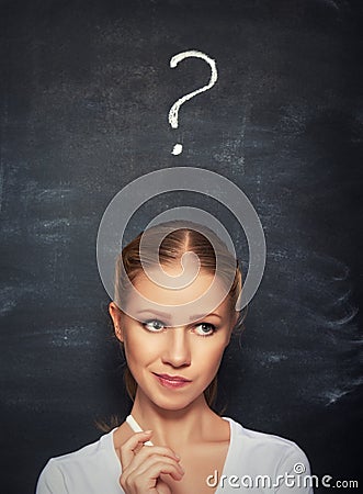 Concept of woman and question mark drawn in chalk on blackboard Stock Photo