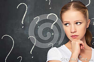 Concept of woman and question mark drawn in chalk on blackboard Stock Photo