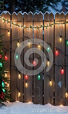 A Wooden Fence Adorned With Christmas Lights And Garland. Generative AI Stock Photo