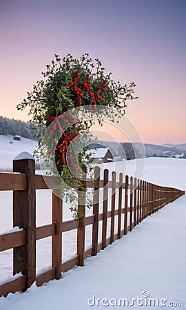 A Wooden Fence Adorned With Mistletoe, Set Against A Snowy Landscape At Dus. Generative AI Stock Photo