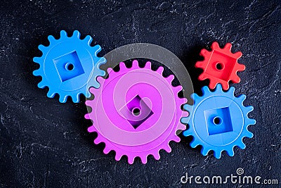 Concept of work process movement gears top view Stock Photo