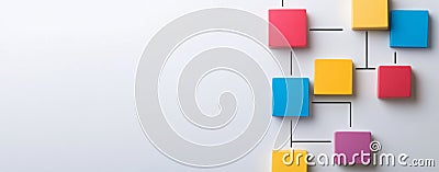 A concept of workflow using colorful sticky notes, marked with numbers and linked by arrows. Stock Photo