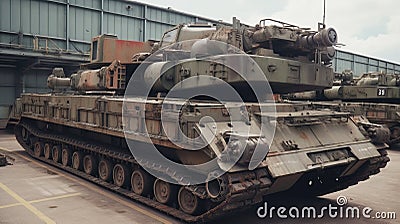 The concept of a world without war. Old vintage heavy military equipment in a landfill. Stock Photo