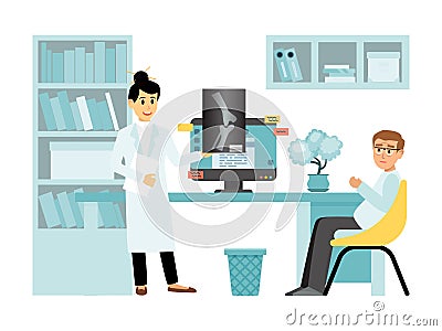 Concept x-ray female doctor character medical examination room, receives physician consultation isolated on white, flat Vector Illustration